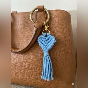 HANDCRAFTED Macrame Heart Lt Blue Bag Charm Keychain Bohemian Purse Jewelry NEW